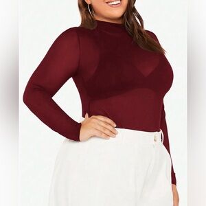 Wild Fable Sheer Mesh Mock Turtleneck Long Sleeve Top XL Burgundy NWT